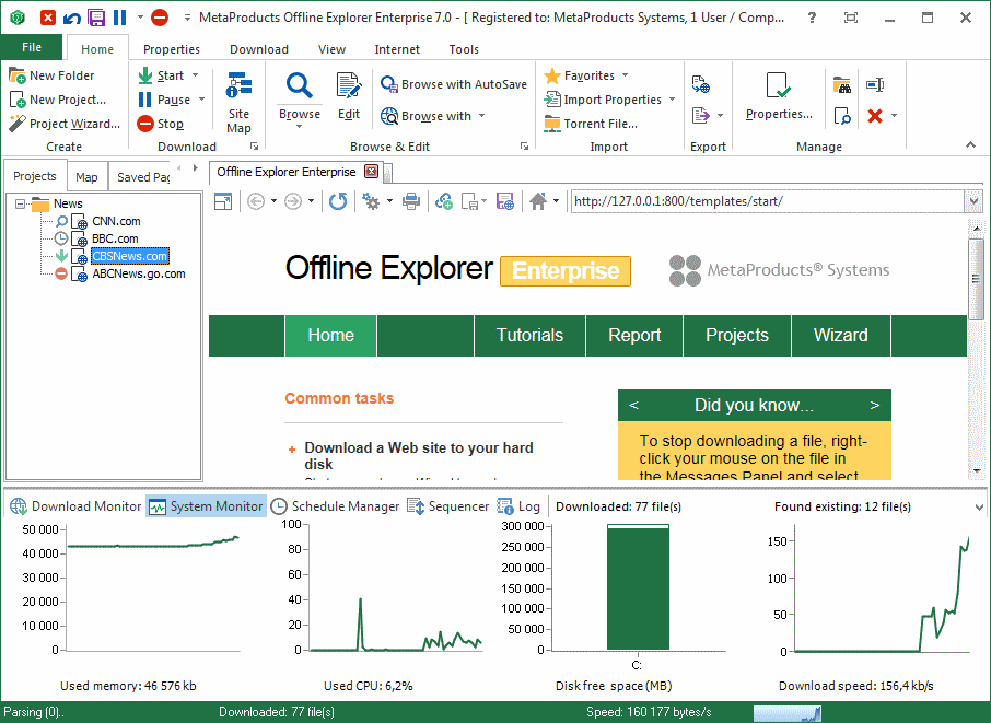 MetaProducts Offline Explorer Enterprise Screen